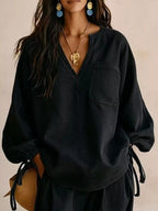 Relaxed Fit Drawstring Sleeve Detail Top Pants Denim Set (14)