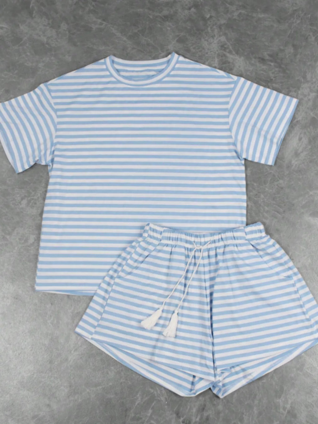 Striped Short Sleeve Tee Drawstring Shorts Set (11)