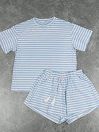 Striped Short Sleeve Tee Drawstring Shorts Set (11)