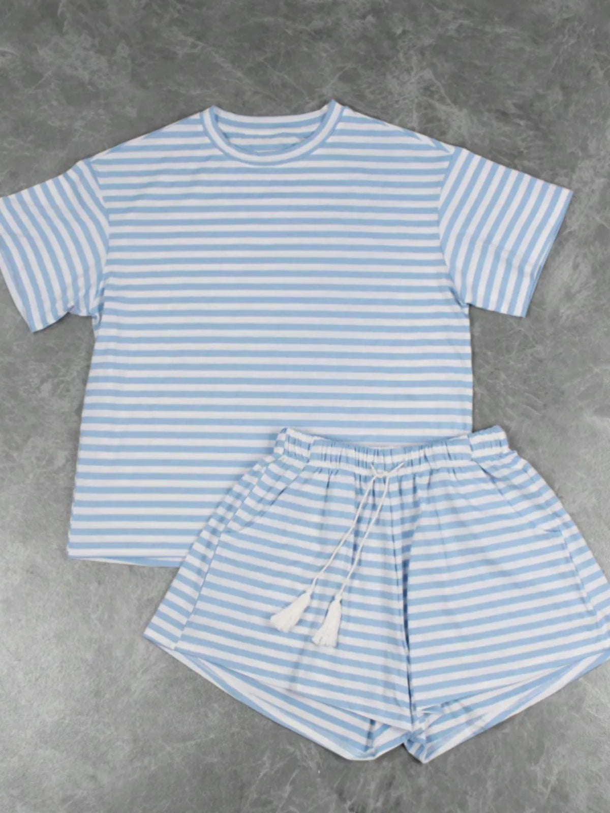 Striped Short Sleeve Tee Drawstring Shorts Set (11)