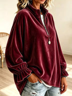 Velvet Quarter-zip Sweatshirt Ruffled Cuffs