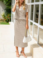 Striped Polo Collar Top Slit Skirt Two-piece Set (21)