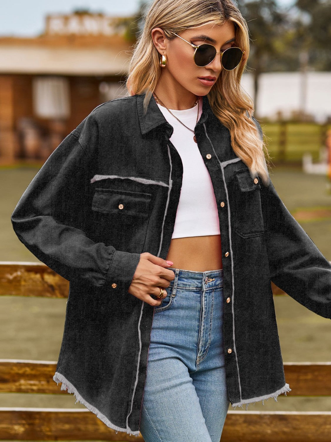 Button Up Collared Neck Raw Hem Denim Top (10)