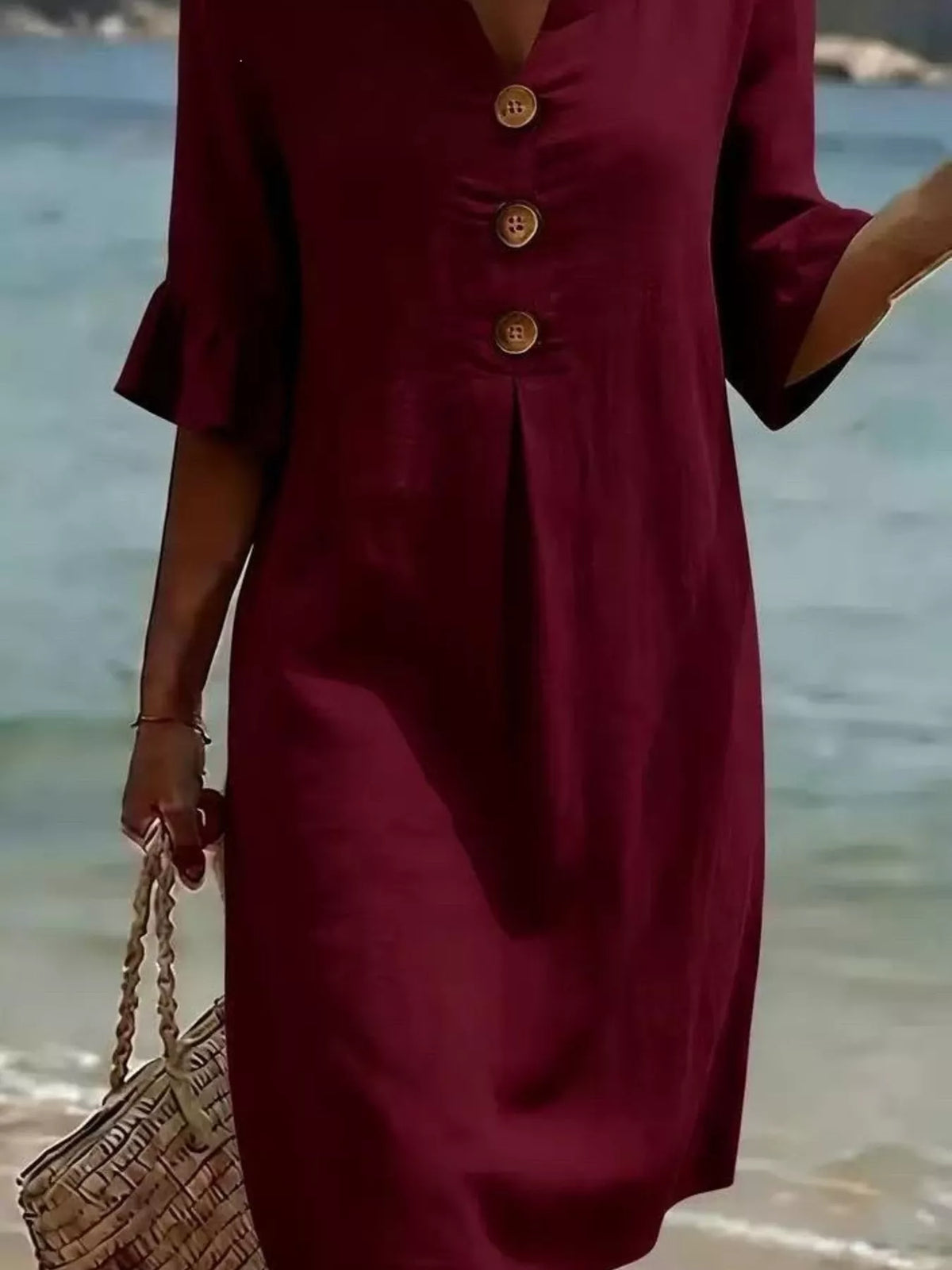 Full Size Button Decor Ruffle Sleeve Midi Dress Plus (9)