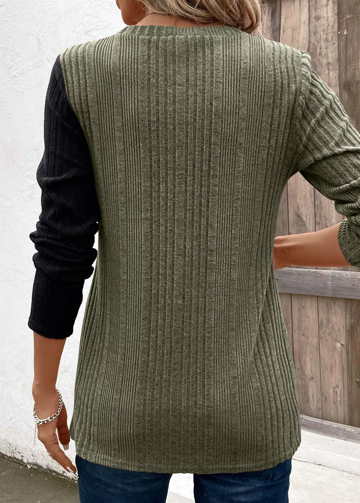 Block Ribbed Knit Decor Button T-shirt (11)