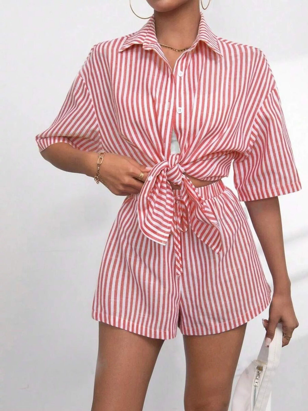 Striped Button Up Shirt Shorts Casual Set (4)