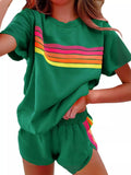 Rainbow Striped Round Neck Top Shorts Set