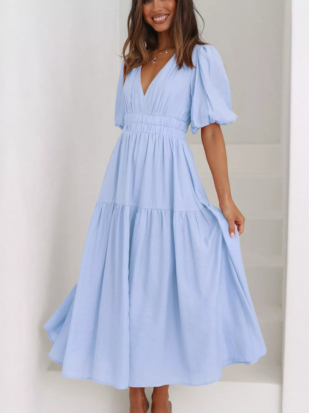 V-neck Puff Sleeve Midi Dress (6)