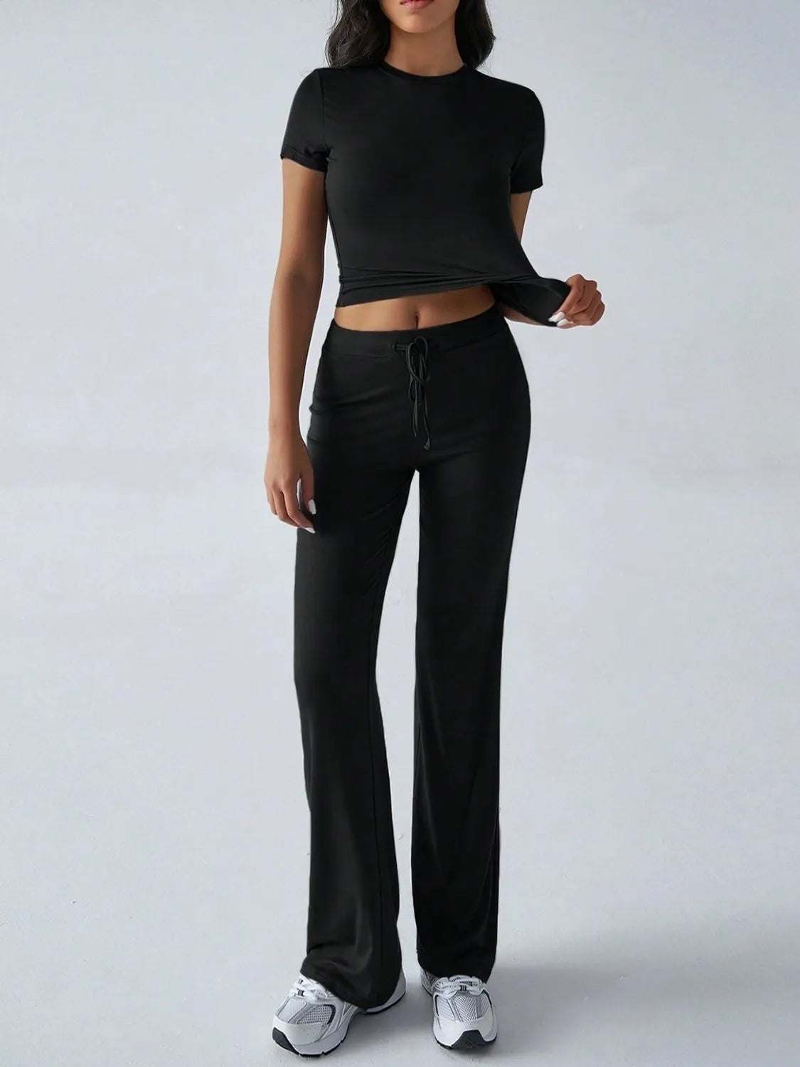 Round Neck Short Sleeve Top Pants Set (33)