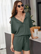 Full Size Waffle-knit Dropped Shoulder Top Shorts Set (22)