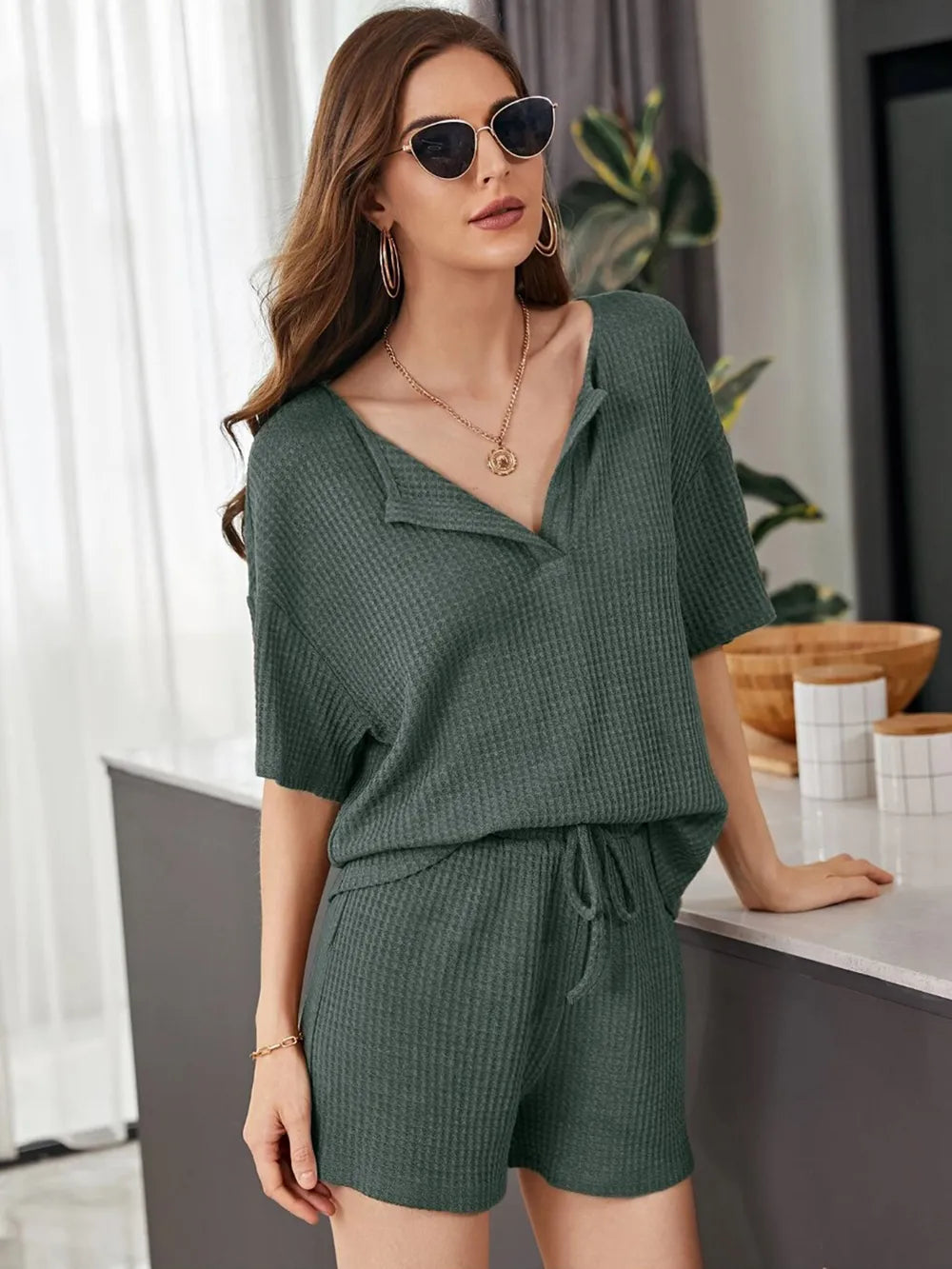 Full Size Waffle-knit Dropped Shoulder Top Shorts Set (22)