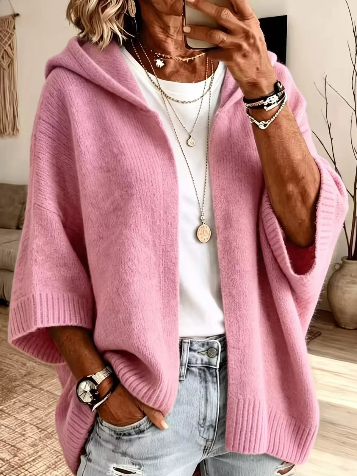 Full Size Hooded Open-front Knit Cardigan Plus (25)