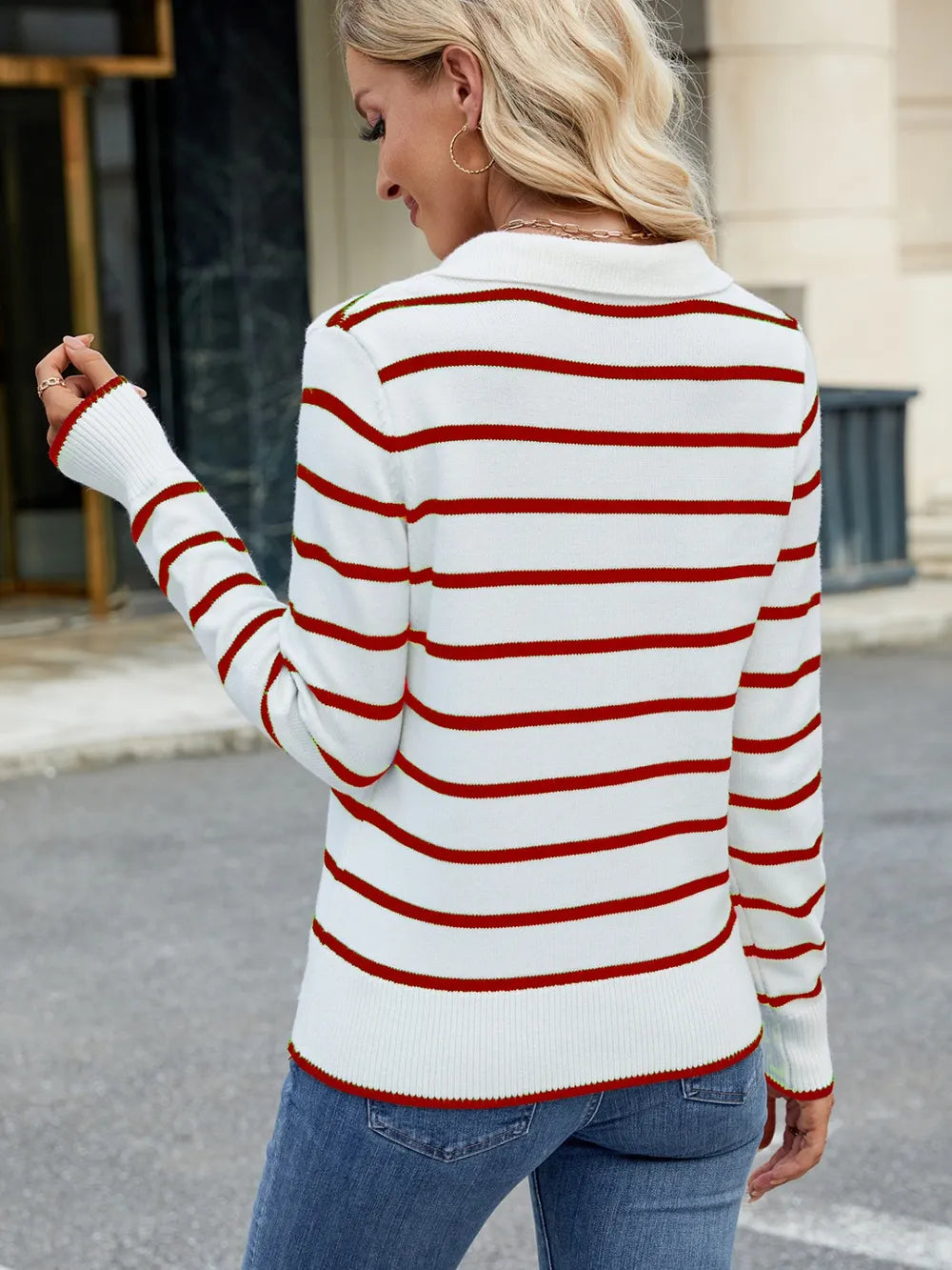 Striped Johnny Collar Long Sleeve Sweater (3)