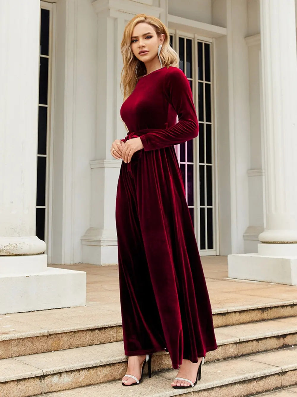 Tie Front Round Neck Long Sleeve Maxi Dress (4)