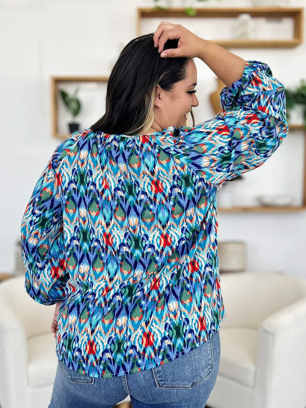 Full Size Printed Balloon Sleeve Blouse (11)
