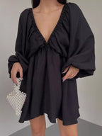 Deep V-neck Balloon Sleeve Dress (8)