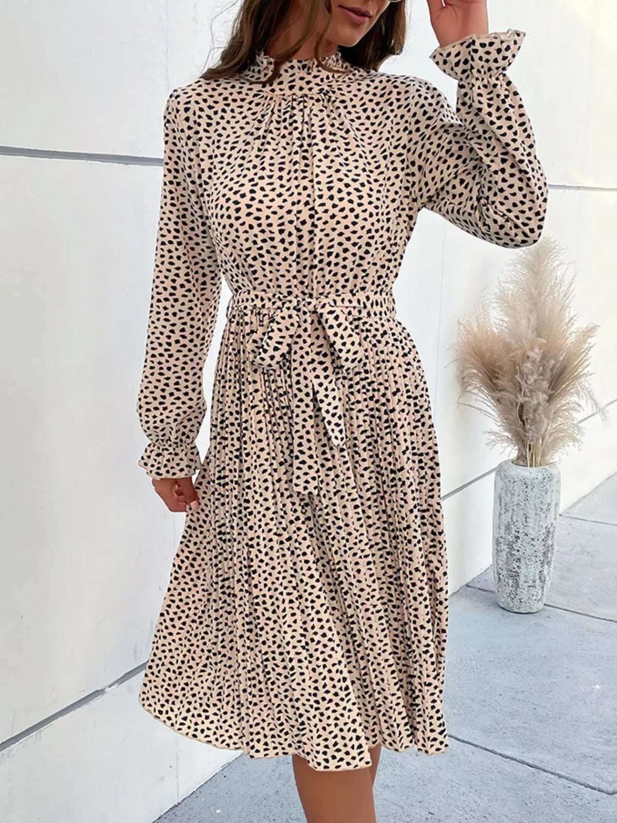 Animal Print Mock Neck Flounce Sleeve Dress (4)