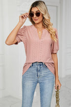 Eyelet Short Puff Sleeve Notched Neck Top (4)