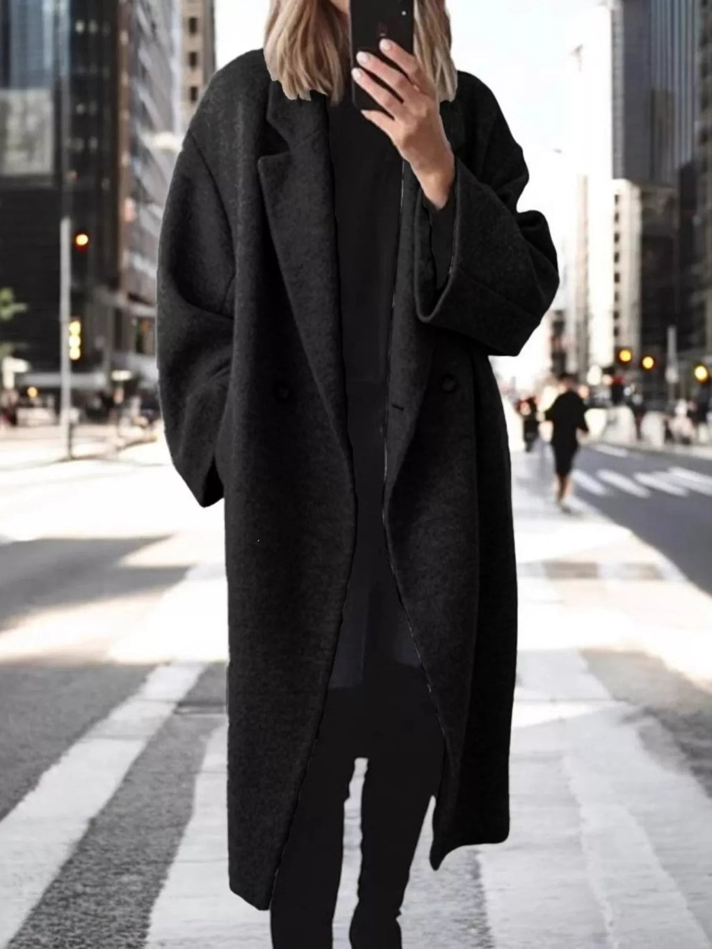 Full Size Lapel Collar Wool Blend Longline Coat Plus