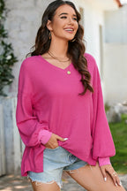 Waffle-knit V-neck Long Sleeve Top (6)