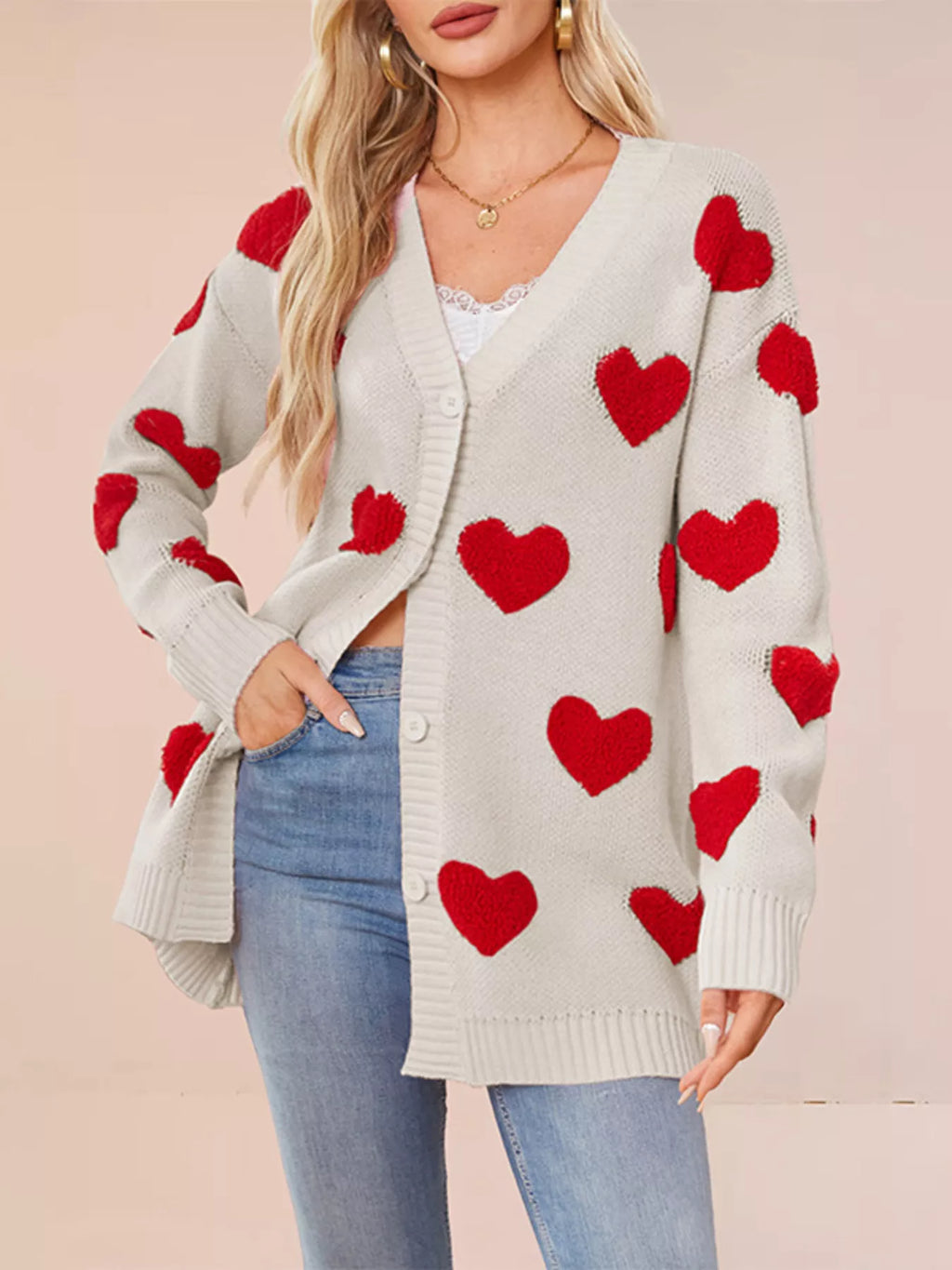 Heart Pattern V-neck Button-down Knit Cardigan (5)
