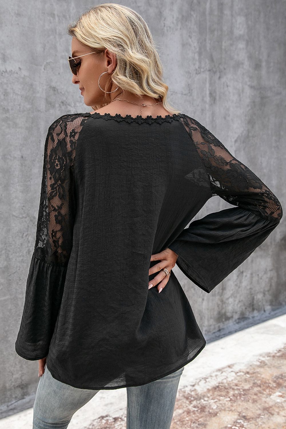 V-neck Spliced Lace Flare Sleeve Top (2)