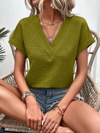 Textured Solid Color Short Sleeve Top (17)