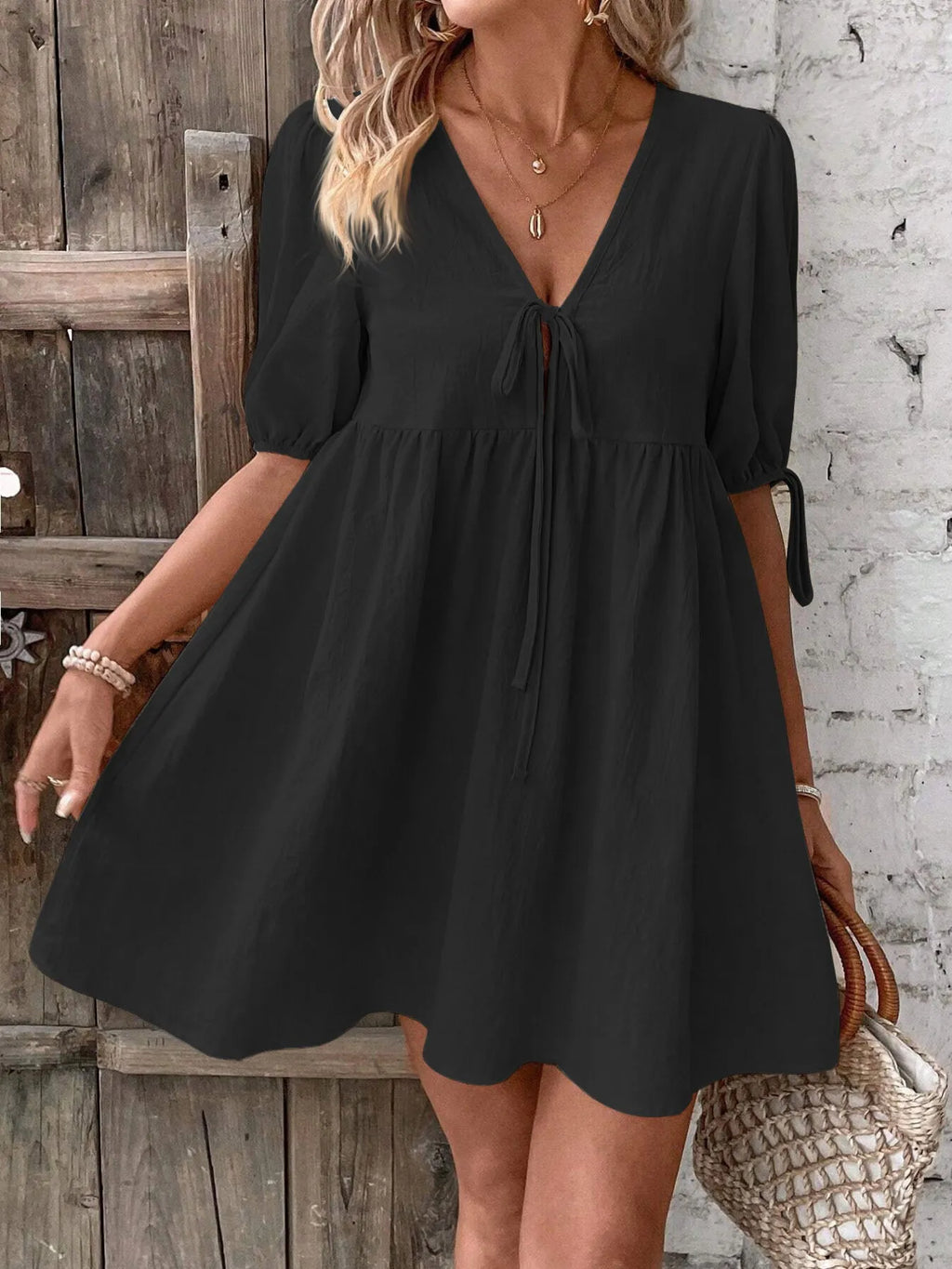 V-neck Tie-front Mini Dress Puff Sleeves (23)