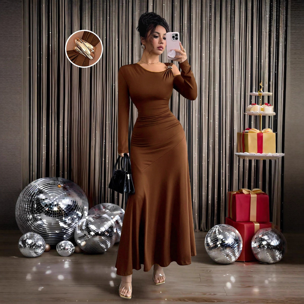 Solid-color Off-shoulder Long-sleeve Dress photo 3