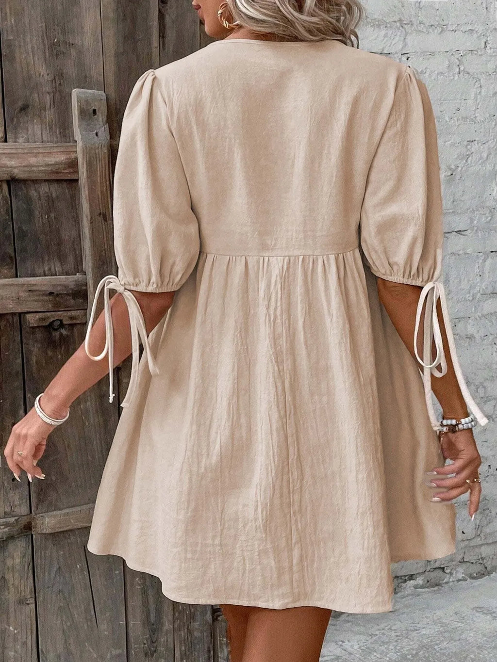 V-neck Tie-front Mini Dress Puff Sleeves (4)