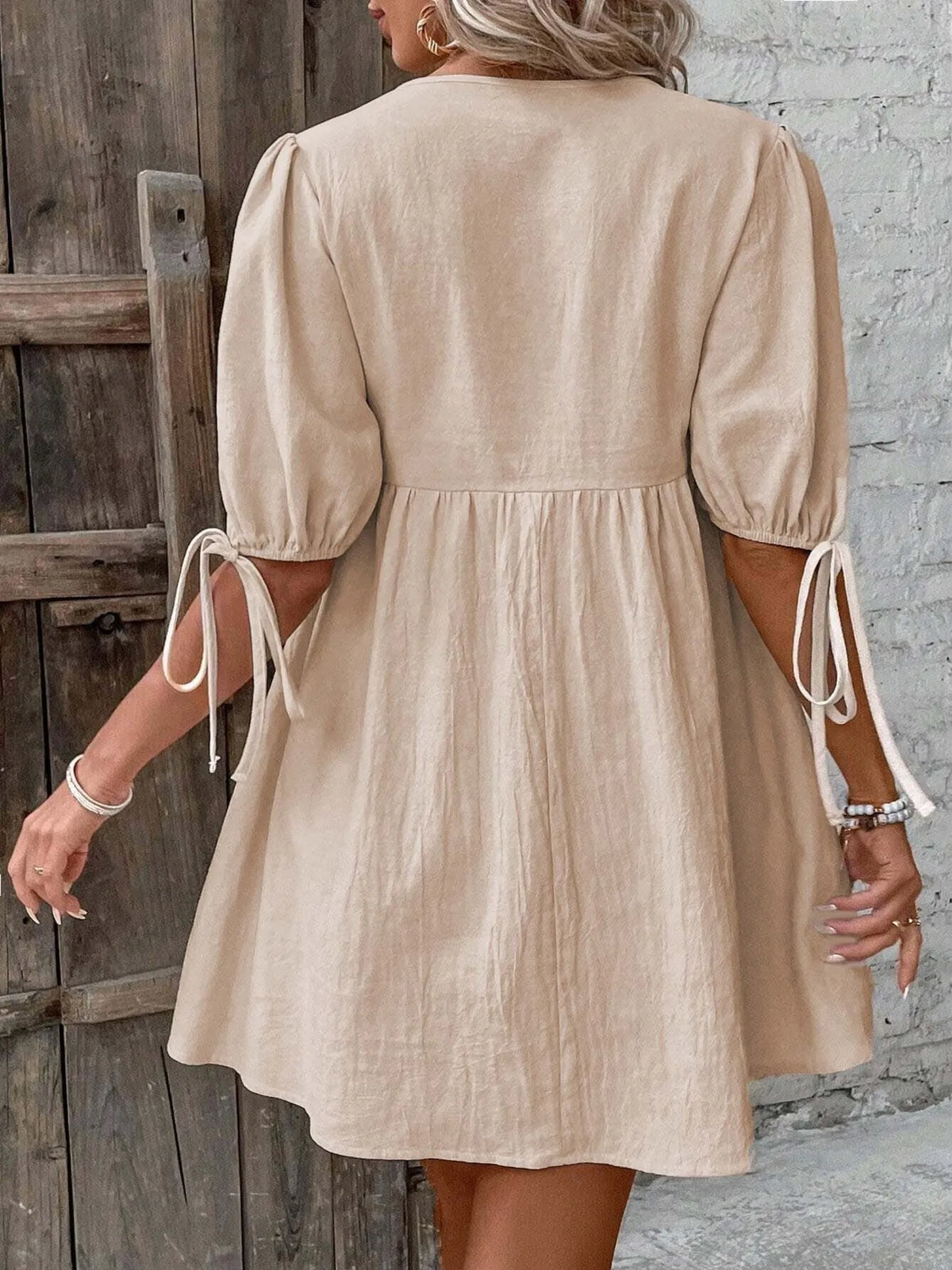 V-neck Tie-front Mini Dress Puff Sleeves (4)
