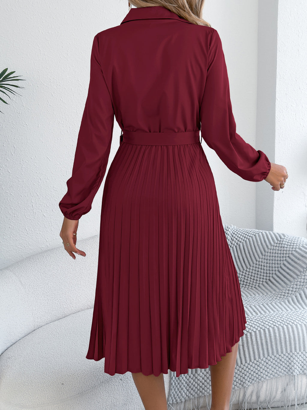 Pleated Tie Waist Balloon Sleeve Dress (14)