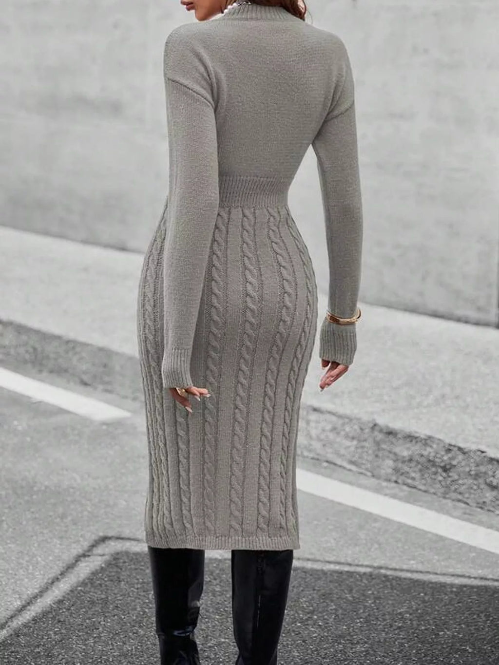 Full Size Mock Neck Cable Knit Sweater Dress Front Slit Plus (36)