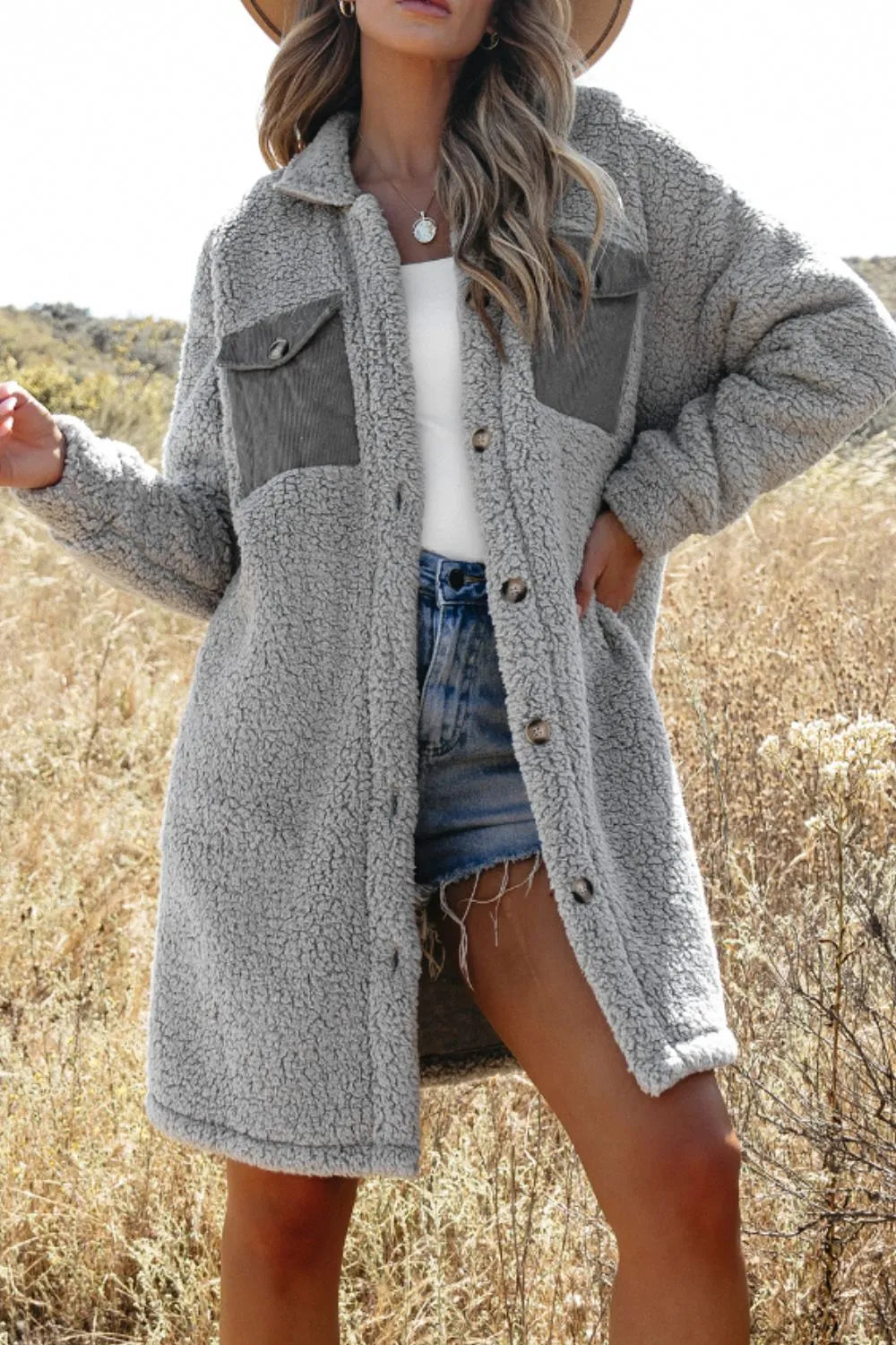 Collared Neck Long Sleeve Longline Teddy Jacket (13)
