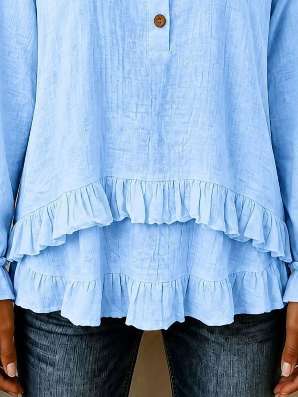 V-neck Long Sleeve Button Detail Ruffled Hem Blouse (15)