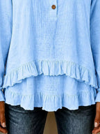 V-neck Long Sleeve Button Detail Ruffled Hem Blouse (15)