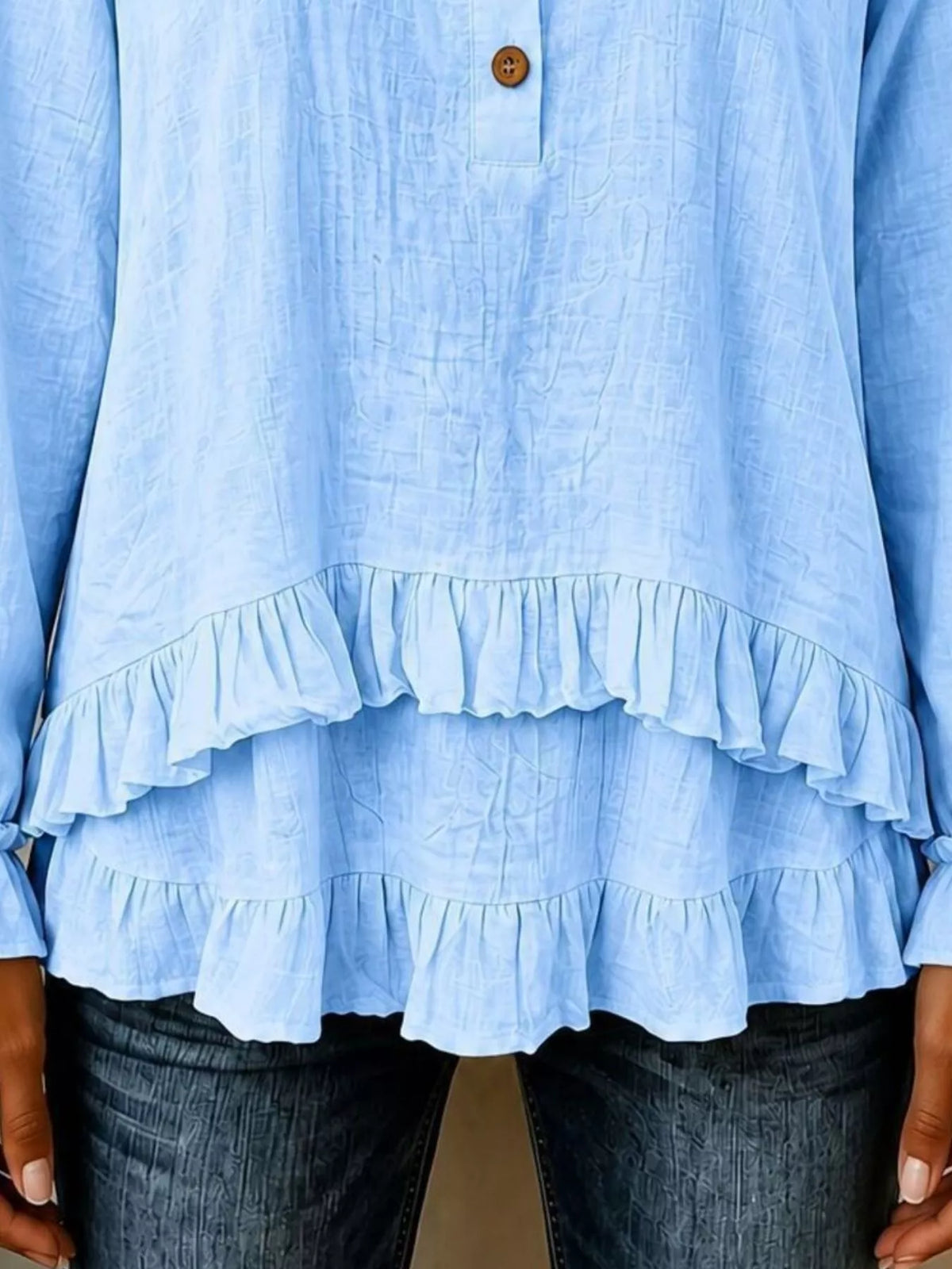V-neck Long Sleeve Button Detail Ruffled Hem Blouse (15)