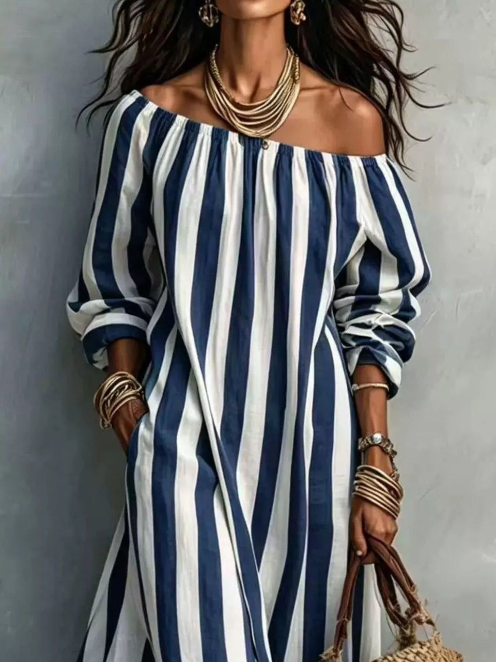 Off-shoulder Striped Dress Pockets (9)