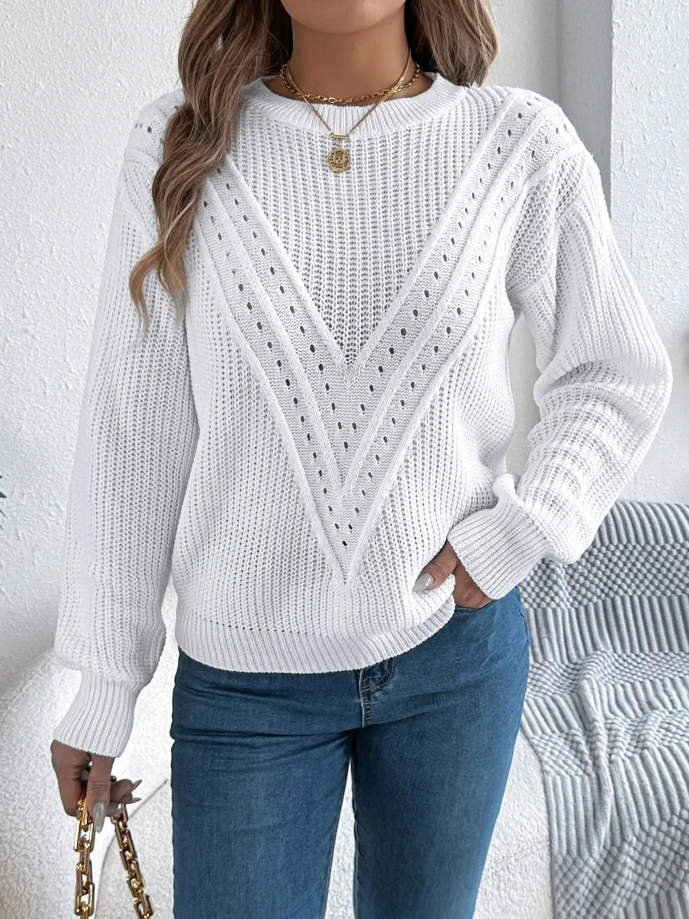 Openwork Round Neck Long Sleeve Sweater (4)
