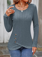 Decorative Button Round Neck Long Sleeve T-shirt (30)