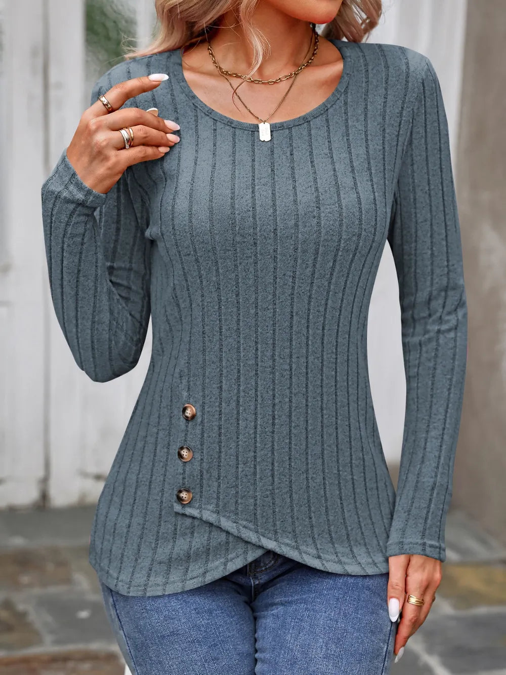 Decorative Button Round Neck Long Sleeve T-shirt (30)