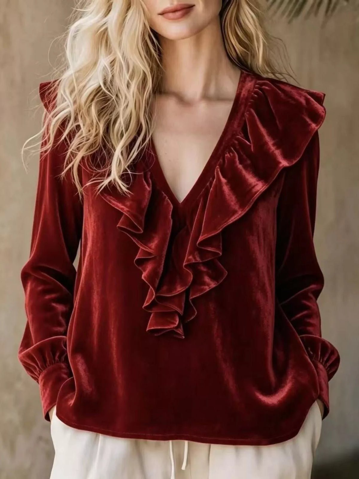 Full Size Ruffled V-neck Long Sleeve Blouse Plus