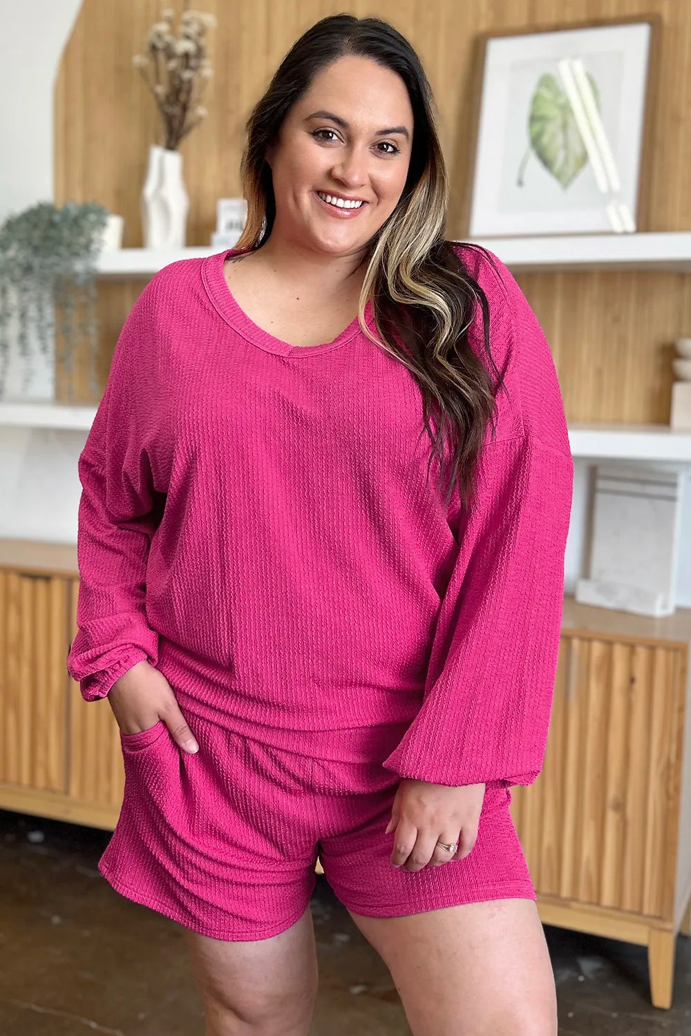 Full Size Texture V-neck Long Sleeve T-shirt Shorts Set (4)
