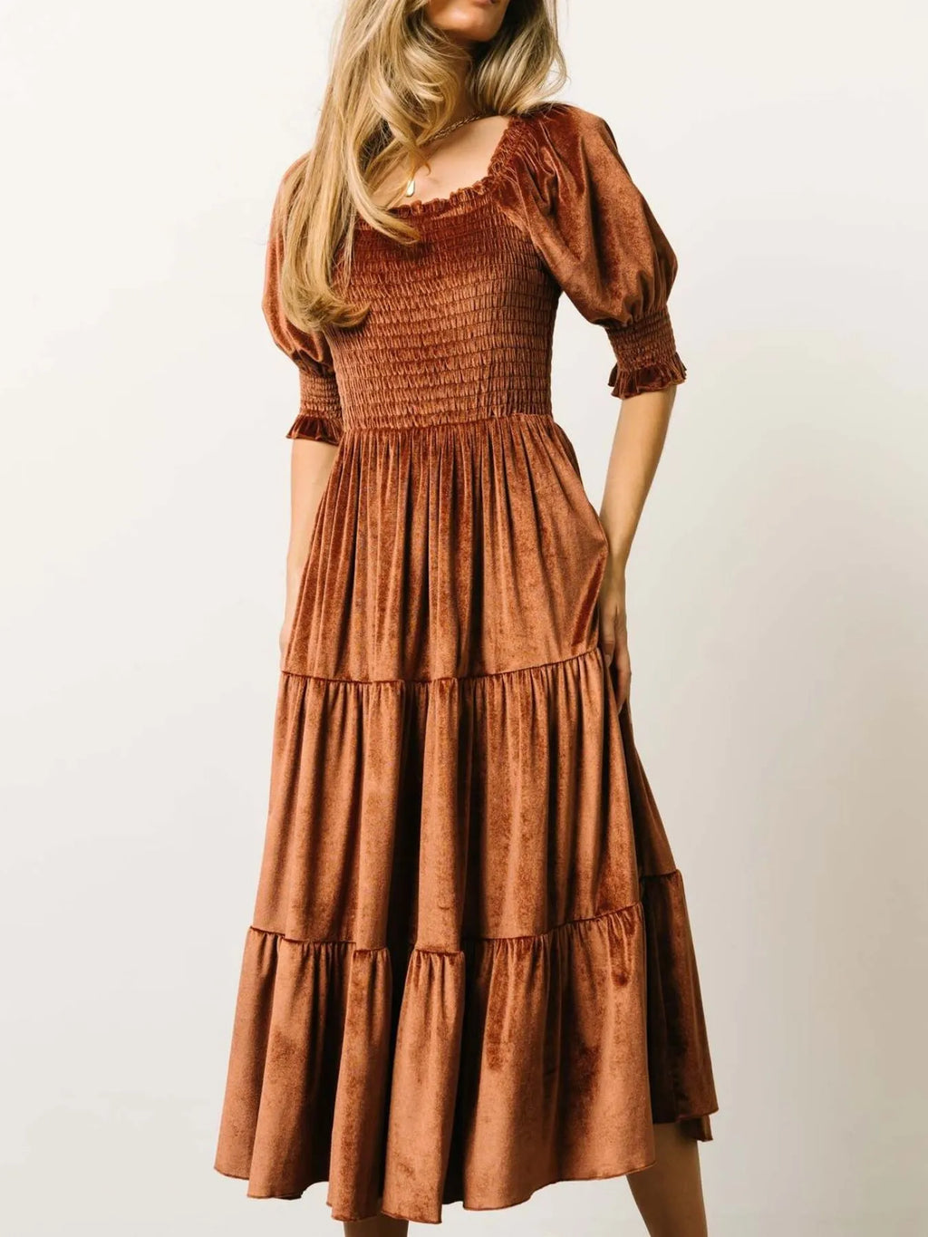 Smocked Half Sleeve Tiered Midi Dress (8)