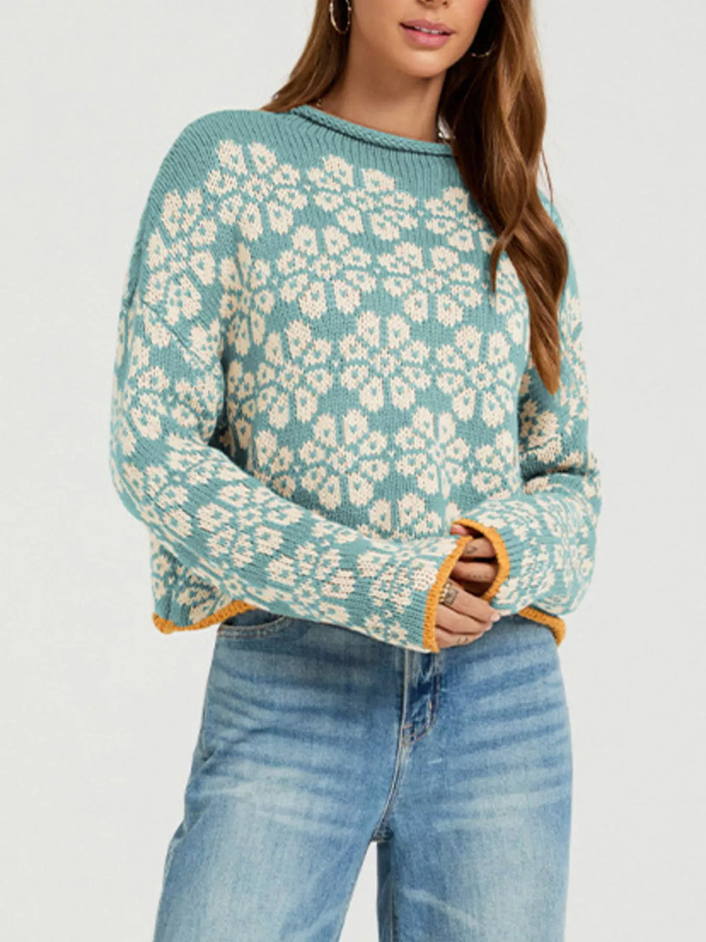 Floral Contrast Trim Dropped Shoulder Sweater (2)