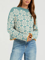 Floral Contrast Trim Dropped Shoulder Sweater (2)
