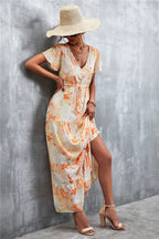 Floral Buttoned Drawstring Waist Tiered Dress (17)