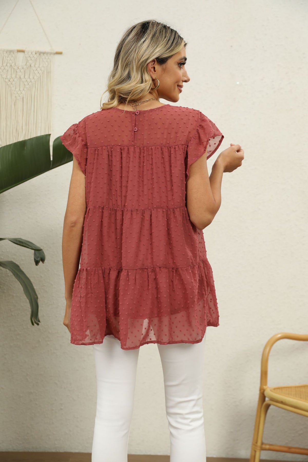 Swiss Dot Round Neck Tiered Blouse (6)
