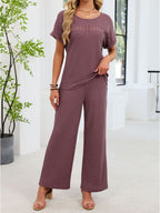 Lace Detail Short Sleeve Top Pants Set (5)