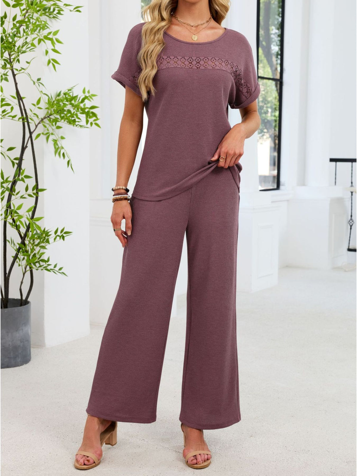 Lace Detail Short Sleeve Top Pants Set (5)